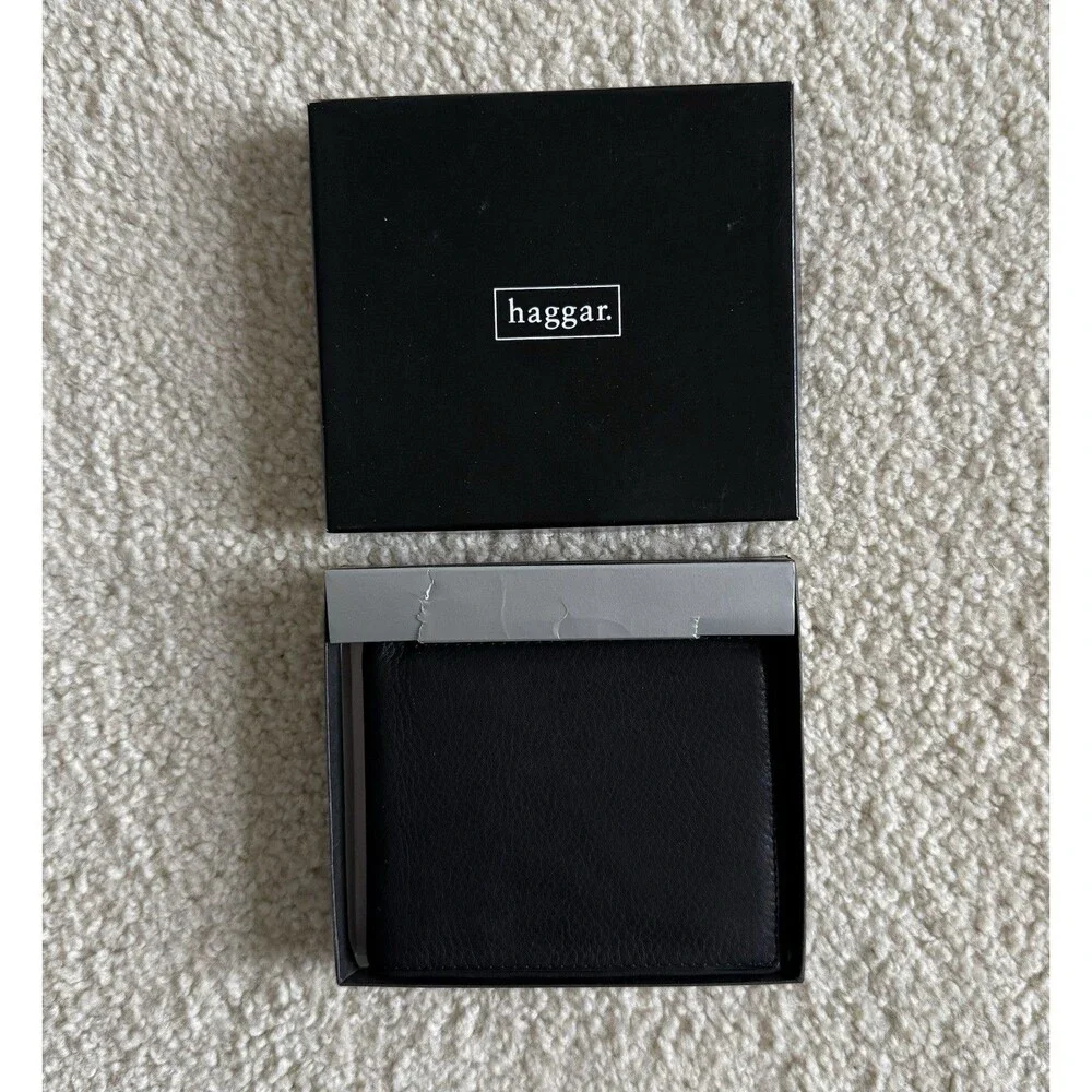 Haggar Mens Black Genuine Leather L-Fold Pocket Mate Wallet - New In Box